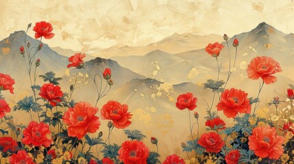 a painting of red flowers in front of a mountain range with mountains in the background and a painting of red flowers in the foreground.
