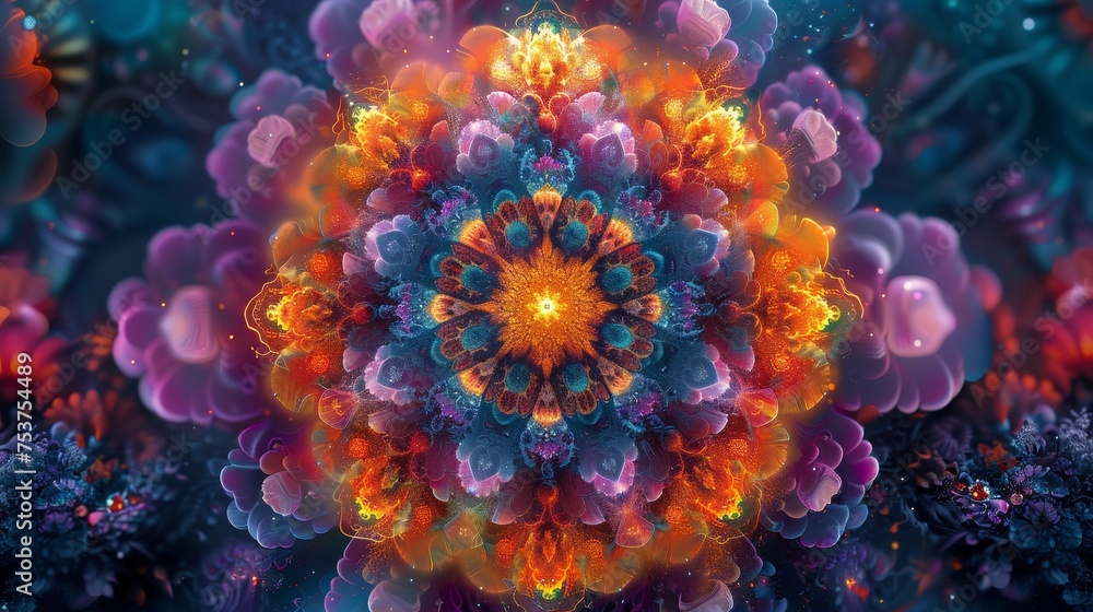 Poster surreal digital art with vibrant colors and intricate patterns, creating a meditative experience.