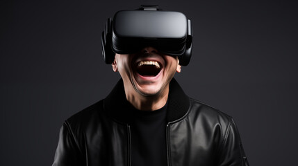 Happy young man in glasses of virtual reality. Augmented reality, future technology concept, VR.	