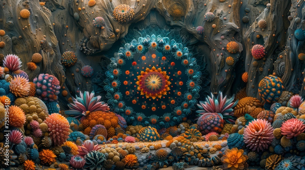 Aufkleber creating surreal digital mandalas with vibrant colors and intricate patterns for a calming influence