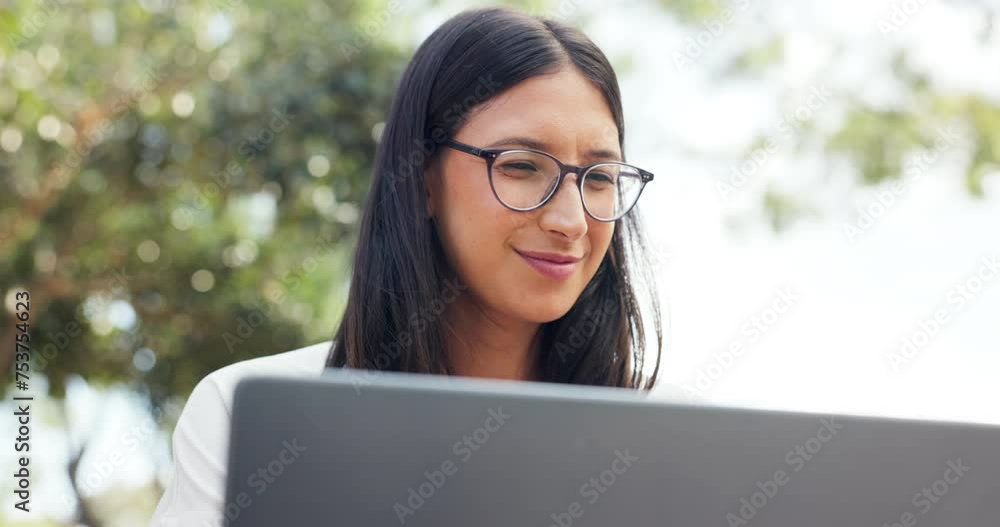Poster thinking, remote work and business woman on laptop in city with questions, insight or conclusion. wh