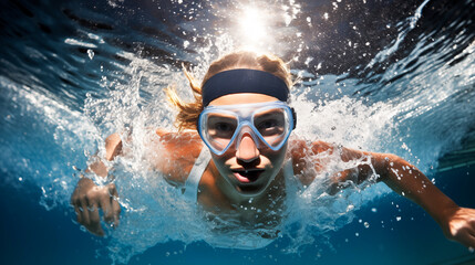Female swimmer at the swimming pool, underwater, swimmer at the swimming pool.Underwater, Female participants hurtle through the water in a swimming competition - obrazy, fototapety, plakaty