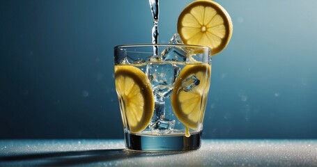 Compose an image of lemonade being poured over a glass filled with ice cubes. Pay attention to the realistic details of the liquid pouring, the melting ice-AI Generative