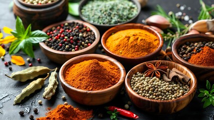 A variety of colorful spices and herbs in small bowls