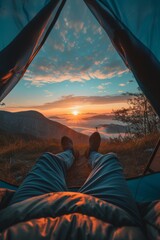 First-person breathtaking view of a mountain panorama, inside a camping tent. AI generative - 753754684