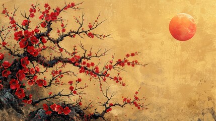 a painting of a tree with red leaves and a red ball in the air above it on a yellow background.