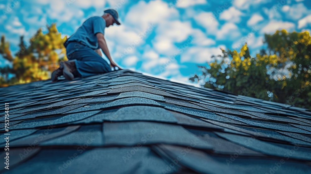 Poster a man inspecting a roof after install of shingles. generative ai.