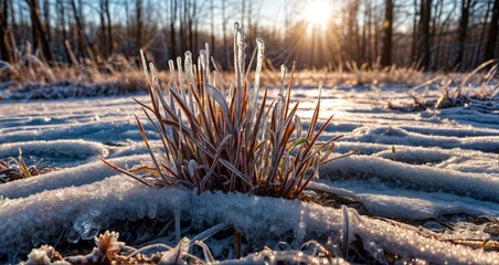 Winter season outdoors landscape, frozen plants in nature on the ground covered with ice and snow, under the morning sun - Seasonal background for Christmas wishes and greeting card.