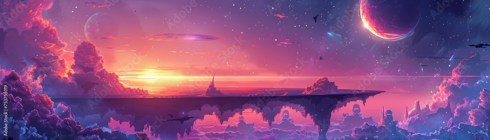 Poster surreal pixel art displays floating islands, ethereal celestial bodies, and vibrant details in uniqu