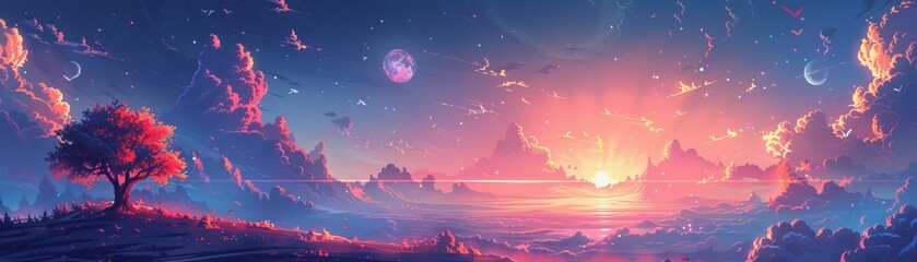 Obraz na płótnie Canvas Surreal environments in pixel art, showcasing floating islands and ethereal celestial bodies with vibrant details.