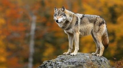 A Beautiful Grey Wolf in Autumn: Captivating Image of a Canine Carnivore on a Rock in Canada's Scenic Backdrop