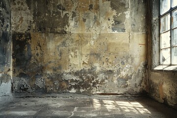 Abandoned Grunge Room Interior with Aged Cement Walls - Blank Background Antique Atmosphere - obrazy, fototapety, plakaty