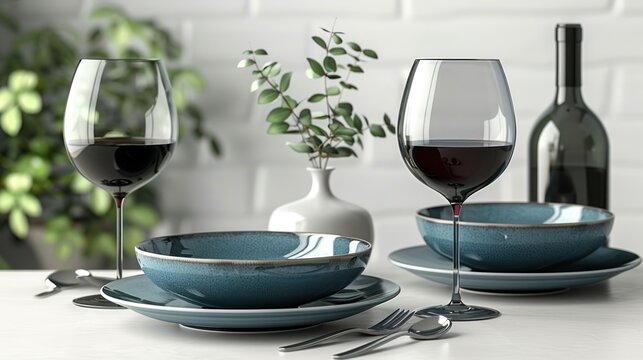 a couple of wine glasses sitting on top of a table next to a plate with a fork and a glass of wine.