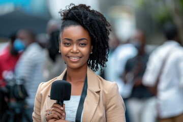 African Female News Reporter Outdoors with Microphone Reporting News Live - obrazy, fototapety, plakaty