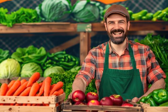 Agricultural Bounty at Farmer Market: Cheerful Greengrocer with Fresh Carrots, Cabbage, Apples, Beetroot and Bell Peppers in Crates