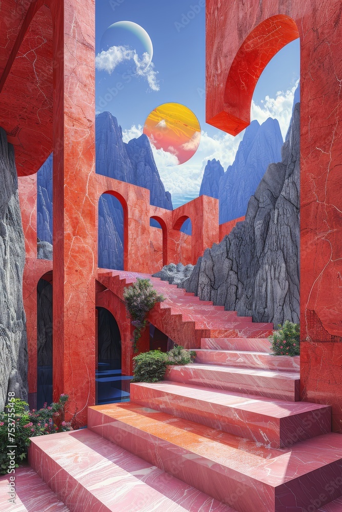 Poster surreal environments with geometric shapes, featuring vibrant, abstract patterns in a digital art st