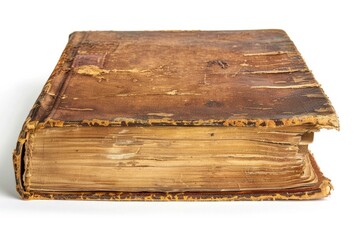 Antique Brown Book Isolated on White Background. Vintage Cover with Old Paper Pages. Literature and Reading Concept