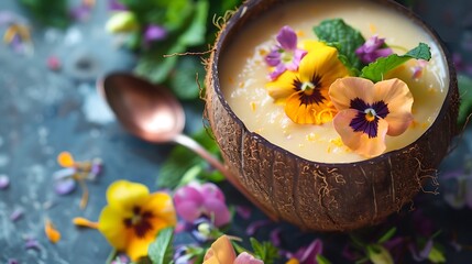Obraz na płótnie Canvas A tropical smoothie served in a coconut shell, garnished with edible flowers and mint