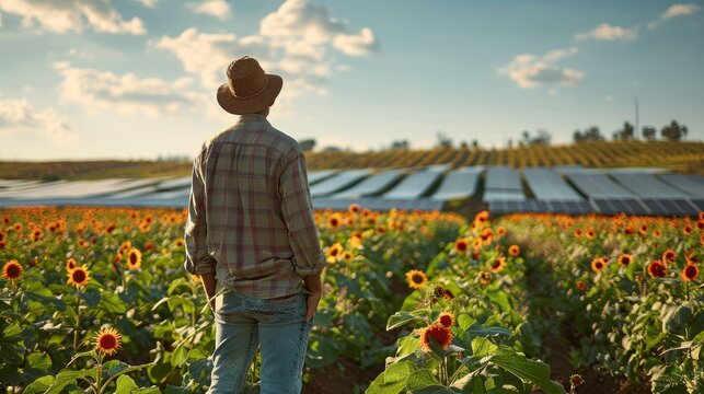 A farmer standing in a field, overseeing a farm integrated with solar panels. Generative AI.