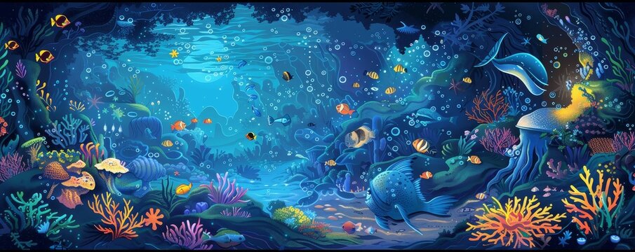 Undersea world vector illustration, showcasing marine life, magical forests, and mystical symbols.