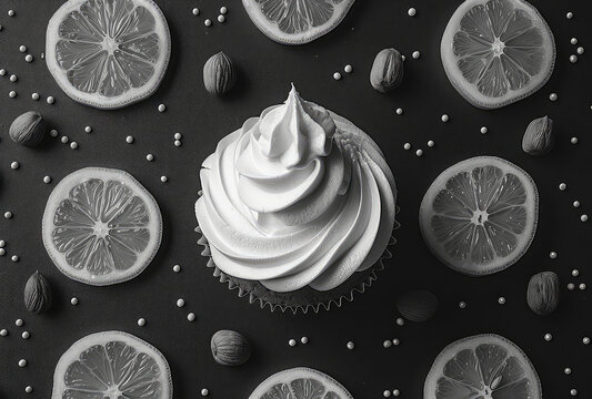 Cake and lemmon, Black and white image. Created with Ai