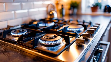 A clean and modern gas stove top with two burners, set into a stainless steel surface that is part of a kitchen counter. Generative AI. - obrazy, fototapety, plakaty