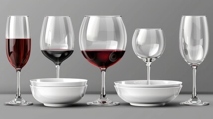 a group of wine glasses sitting on top of a table next to a bowl and a glass of red wine.