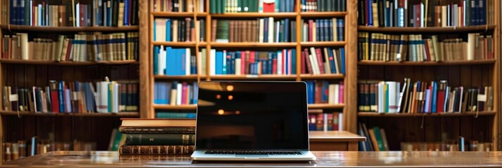 Library desk with books and laptop representing education technology and online learning. Banner