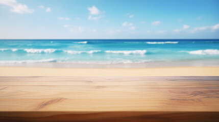 wooden table with white beach background generative ai