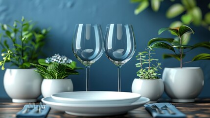 a close up of three wine glasses on a table with a plate and a plant in the middle of the table.