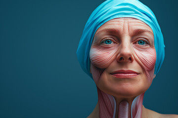 On a blue background, a woman radiates with facial muscles illustrated on her face. Copy space