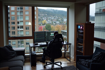 Software developer working on code in home office overlooking city skyline
