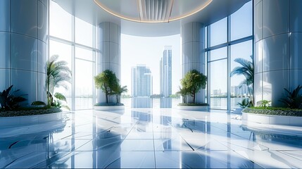 The main entrance of the high-rise office has water views on both sides. Generative AI. - 753756093