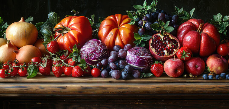 Vegetables and fruits on wooden background. Created with Ai