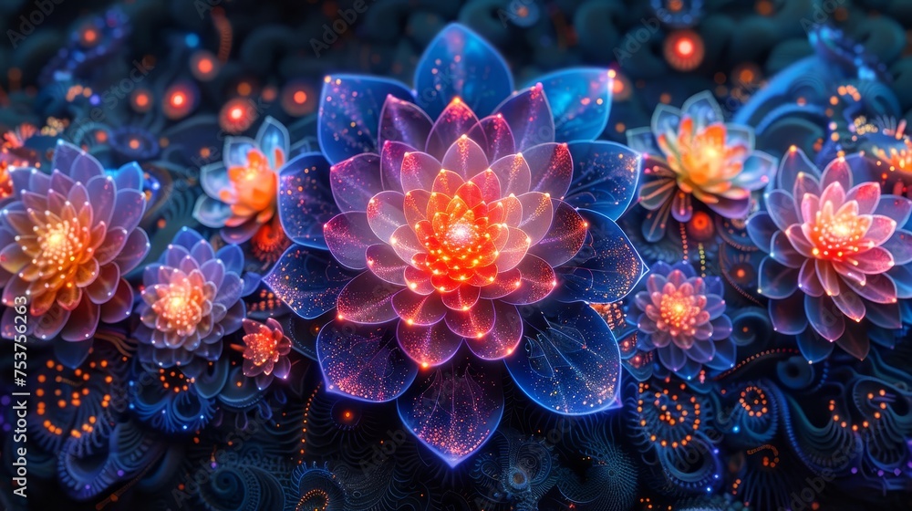 Aufkleber creating mesmerizing digital mandalas with detailed patterns and vivid hues to induce a calming ambi