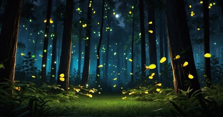 Craft an ultra-realistic image of fireflies illuminating a dark forest. Capture the detailed glow of individual fireflies in flight, creating a magical and enchanting atmosphere. -AI Generative