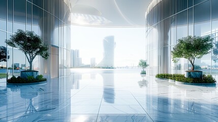 The main entrance of the high-rise office has water views on both sides. Generative AI.