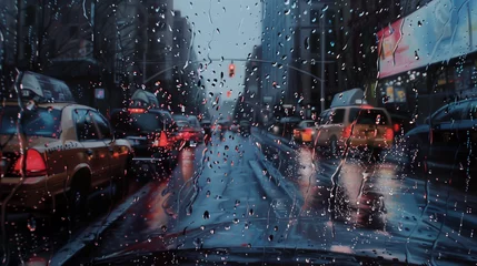 Fotobehang Pluie urbaine : Scène de rue animée sous une pluie battante   © marie