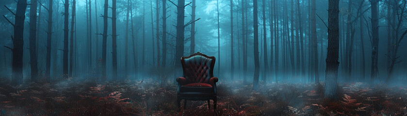 A chair with a backdrop of a mysterious forest at dusk - obrazy, fototapety, plakaty