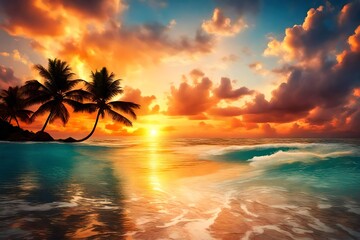 Fototapeta na wymiar Glowing Horizons: Serene Sunset Bliss at the Coastal Haven – A Captivating HD Wallpaper of Nature's Radiant Farewell by the Tranquil Beach generated by AI