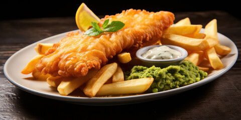 Crispy Golden Fish and Chips: A Traditional British Meal on a Plate with French Fries, Cod Fillet, and Tartar Sauce.