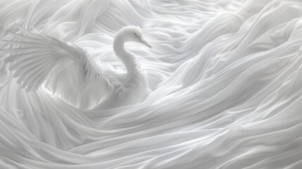  a large white swan floating on top of a bed covered in white sheets and sheets on top of it's head. - obrazy, fototapety, plakaty