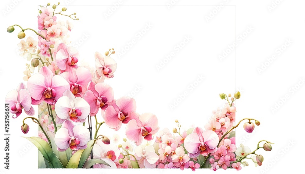 Wall mural watercolor of pink orchids for corner and border invitation