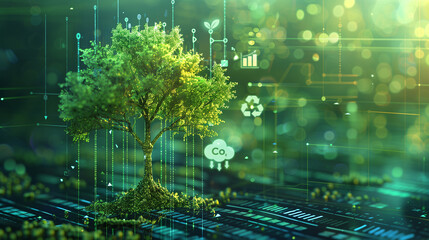 A Tree with Carbon Reduction Data Graph Lines and Dots, Features Innovative Sustainable Energy Concepts Nature and Technology, Greener Future, Eco System, Climate Change, Weather, Copy Space
