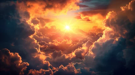 Zelfklevend Fotobehang A sunrise breaking through dark clouds, symbolizing hope and new beginnings © Vlad