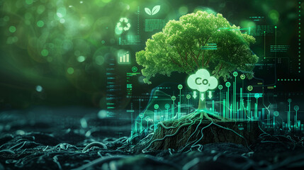 Carbon Reduction Innovative Sustainable Energy Concept. Tree with Data Graph Lines and Dots, Nature and Technology for a Greener Future. Explore Ecosystem Innovation, Climate Change, and Weather, Co2