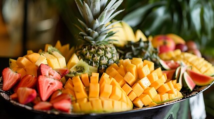 A tropical fruit platter featuring exotic fruits like pineapple, mango, and papaya