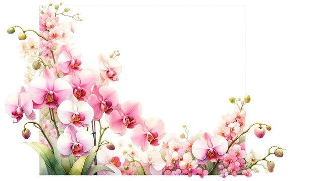 Watercolor of pink orchids for corner and border invitation