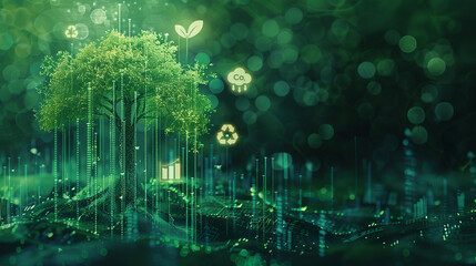 A Tree with Carbon Reduction Data Graph Lines and Dots, Features Innovative Sustainable Energy Concepts Nature and Technology, Greener Future, Eco System, Climate Change, Weather, Copy Space