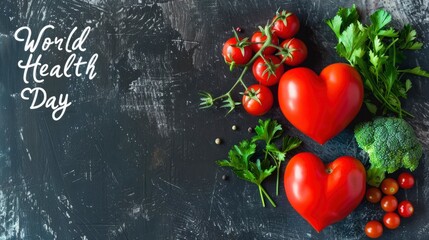 Heart Shaped fresh veggies with the text World Health Day